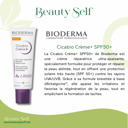 Bioderma Cicabio Crème+ SPF 50+ – Soin Réparateur & Apaisant Haute Protection | 40 ml
