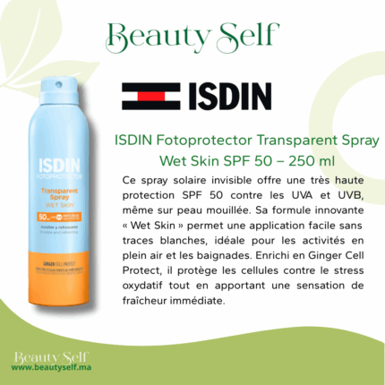 Spray Solaire Transparent ISDIN Wet Skin SPF50+ – Haute protection UVA/UVB pour peau mouillée ou sèche